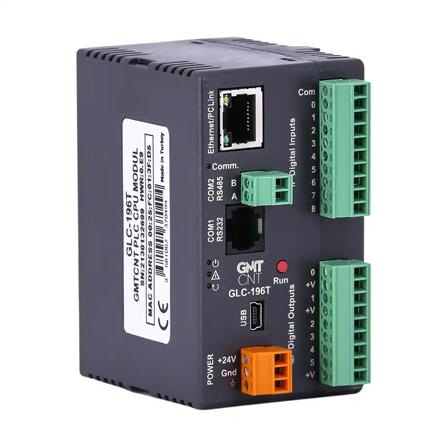 GLC-196T Yerli Üretim PLC CPU Modülü: 24 VDC besleme, modüler yapı, Ethernet/RS485, 271 noktaya kadar genişleme, hızlı sayıcı ve pulse çıkış desteği.
