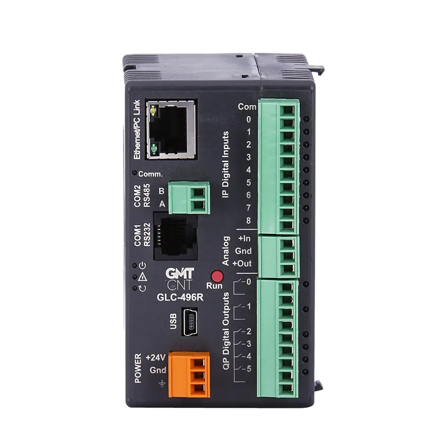 GLC-496R 2 GLC-496R Yerli PLC CPU Modülü: 24 VDC, 273 nokta modüler yapı, Ethernet/RS485, 200 kHz sayaç, RTC, SCADA ve USB datalog ile röle çıkış.