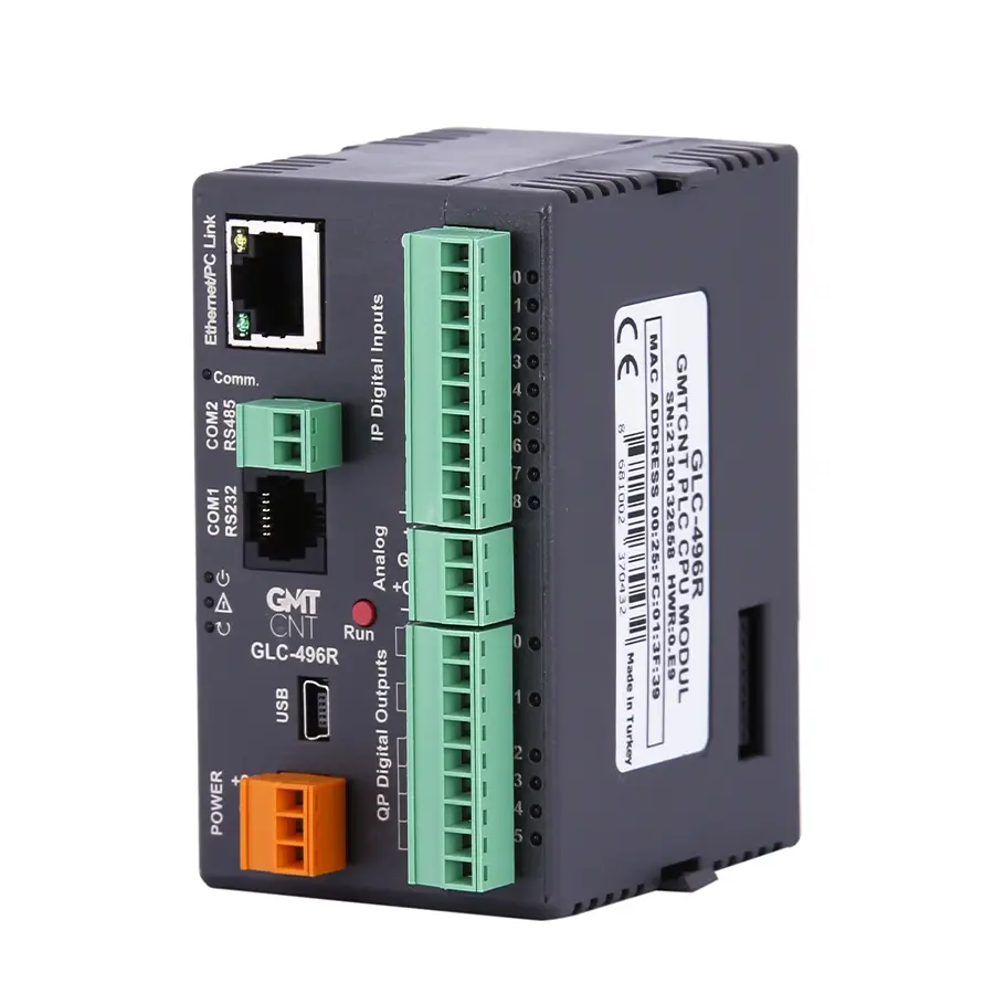 GLC-496R 3 GLC-496R Yerli PLC CPU Modülü: 24 VDC, 273 nokta modüler yapı, Ethernet/RS485, 200 kHz sayaç, RTC, SCADA ve USB datalog ile röle çıkış.