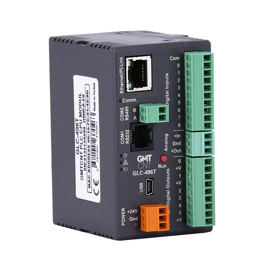 GLC-496T 1 GLC-496T Yerli PLC CPU Modülü: 24 VDC, 273 nokta, 400 kHz pulse çıkış, yüksek hızlı sayaç, analog I/O, RTC, SCADA ve USB datalog.