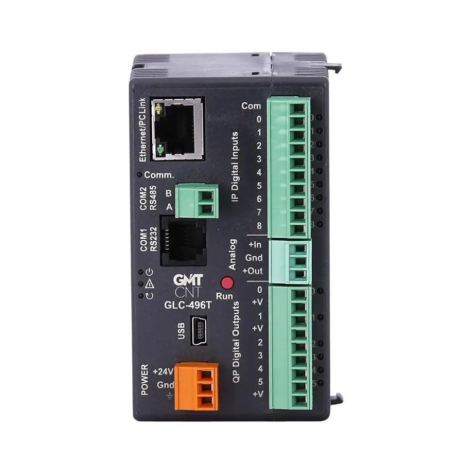 GLC-496T 2 GLC-496T Yerli PLC CPU Modülü: 24 VDC, 273 nokta, 400 kHz pulse çıkış, yüksek hızlı sayaç, analog I/O, RTC, SCADA ve USB datalog.