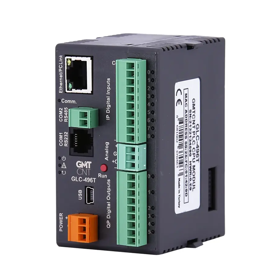 GLC-496T 3 GLC-496T Yerli PLC CPU Modülü: 24 VDC, 273 nokta, 400 kHz pulse çıkış, yüksek hızlı sayaç, analog I/O, RTC, SCADA ve USB datalog.
