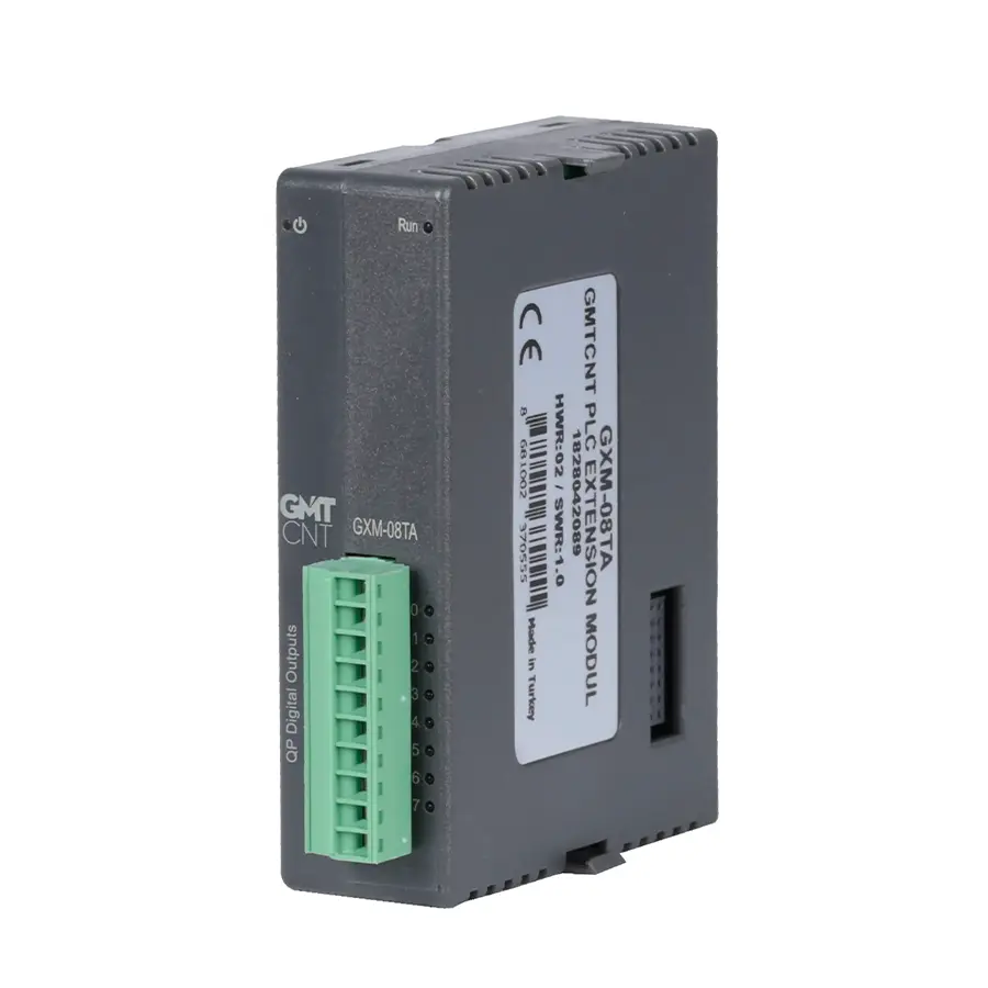 GXM-08TA 3 GXM-08TA Yerli PLC Genişleme Modülü: 8 kanal 24 VDC transistör çıkışı (PNP), 450 mA, kısa devre korumalı, DIN ray montaj.